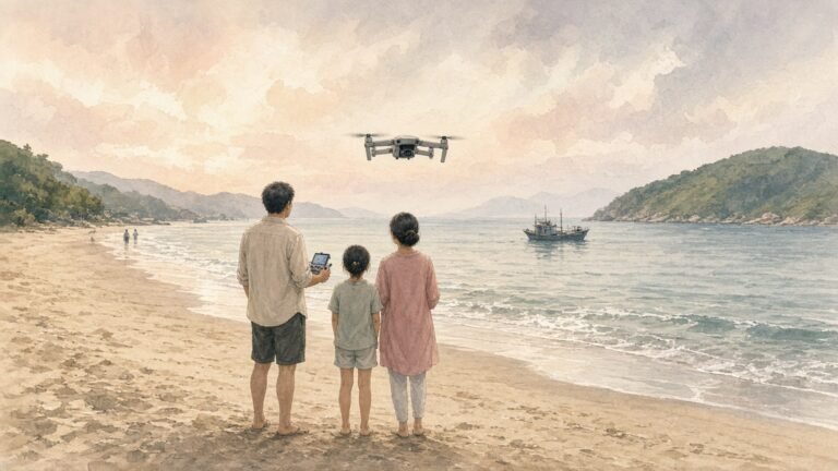 Painted illustration of a family on a beach watching a small camera drone hover above the sand