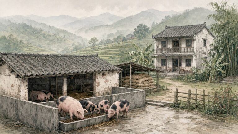 Painted illustration of pigs feeding in a small whitewashed sty on a family farm among terraced fields in central China
