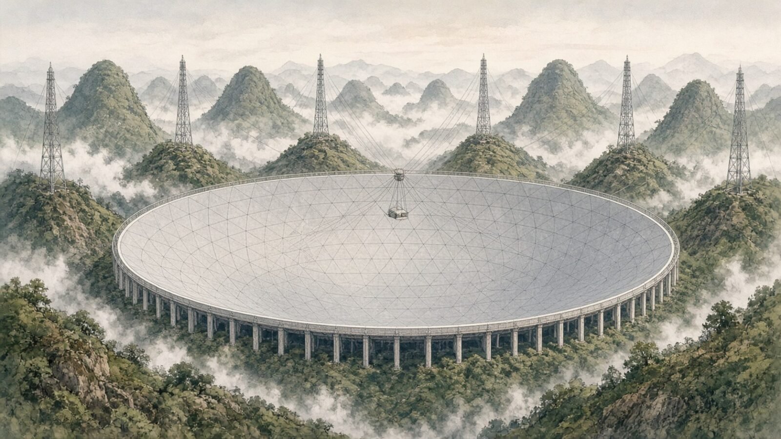 Painted illustration of the huge FAST radio telescope dish filling a bowl among green karst hills in Guizhou, with its receiver cabin suspended above