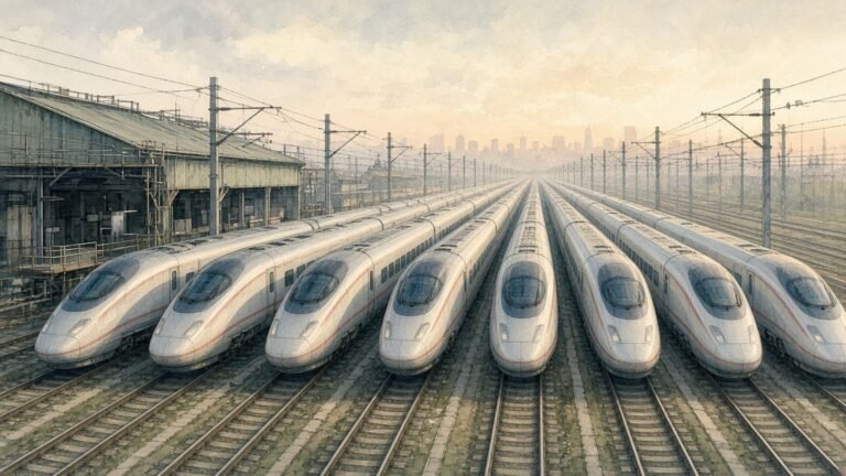 Painted illustration of a row of silver Fuxing bullet trains lined up in a depot at dawn