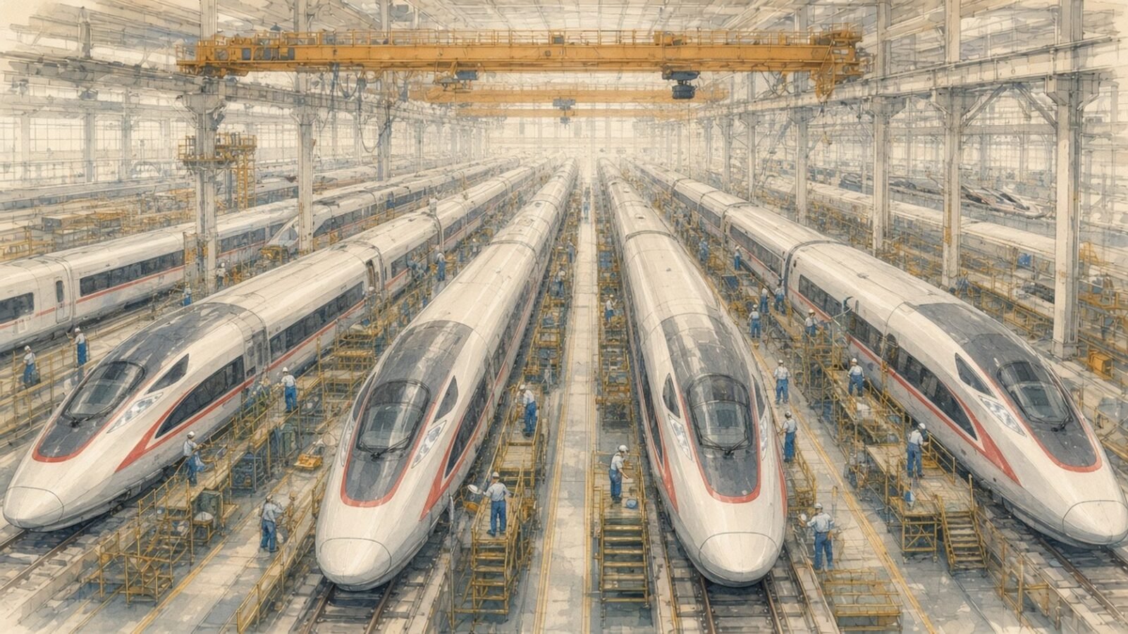 Painting of workers on scaffolds beside rows of Fuxing high-speed trains in a Qingdao assembly hall