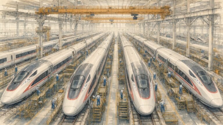 Painting of workers on scaffolds beside rows of Fuxing high-speed trains in a Qingdao assembly hall