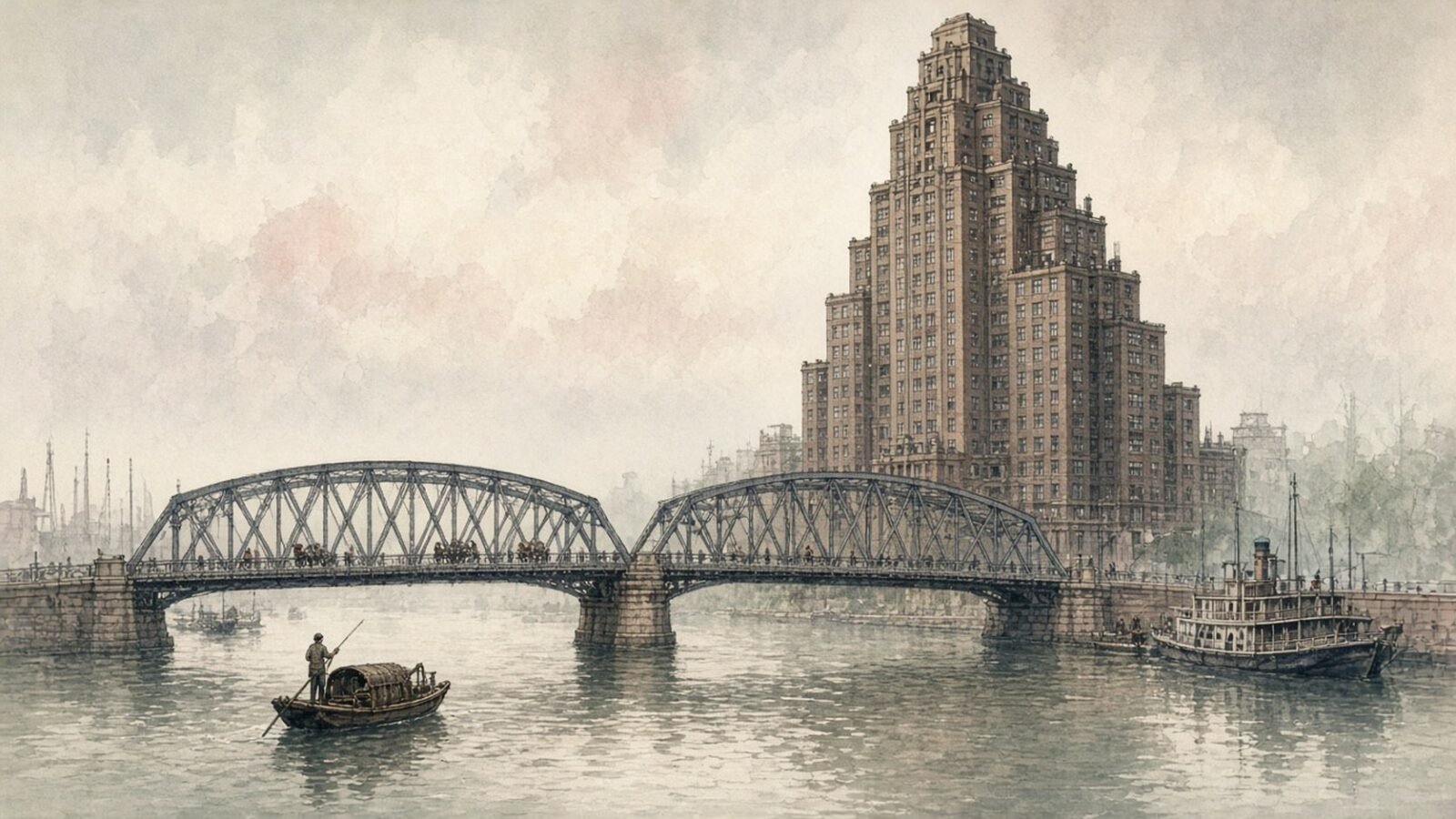 Painted illustration of Shanghai's Garden Bridge and Broadway Mansions in 1939, with small figures crossing into Hongkew