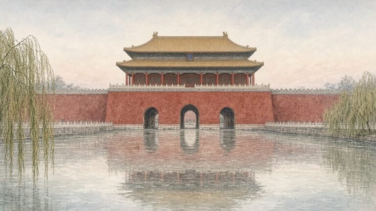 Painted illustration of the Gate of Divine Prowess, the north gate of the Forbidden City, its yellow-roofed tower above a red wall with three arches, reflected in the moat