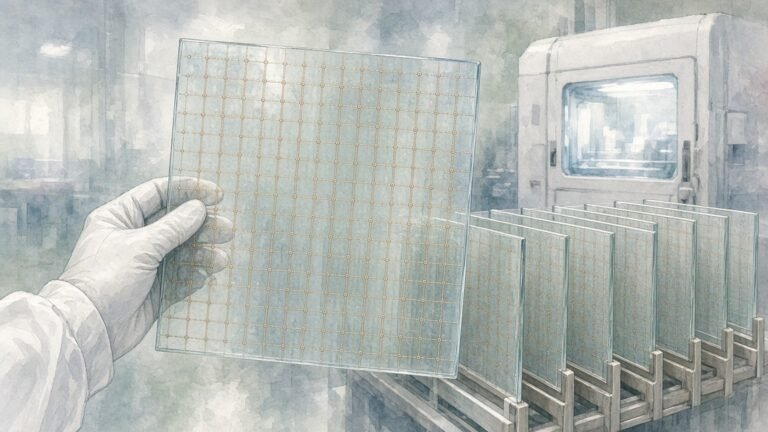 Painted illustration of a gloved hand holding a clear glass chip-packaging panel with a fine copper grid in a cleanroom