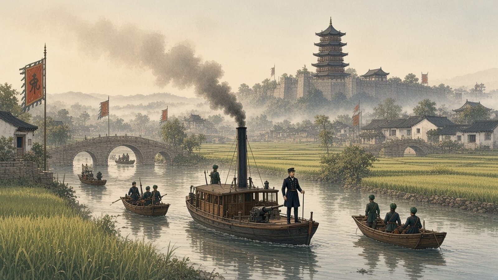Painting of Charles Gordon on a small steamer leading Ever Victorious Army boats along a Jiangnan canal