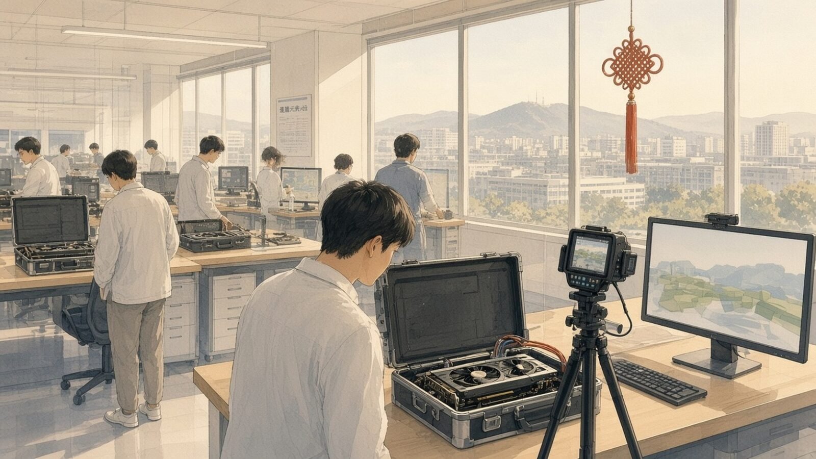 Painting of engineers testing a graphics card on a bench in a Zhongguancun office