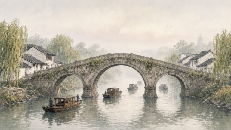 Painted illustration of grain barges passing beneath the three-arched Gongchen Bridge on the Grand Canal at Hangzhou