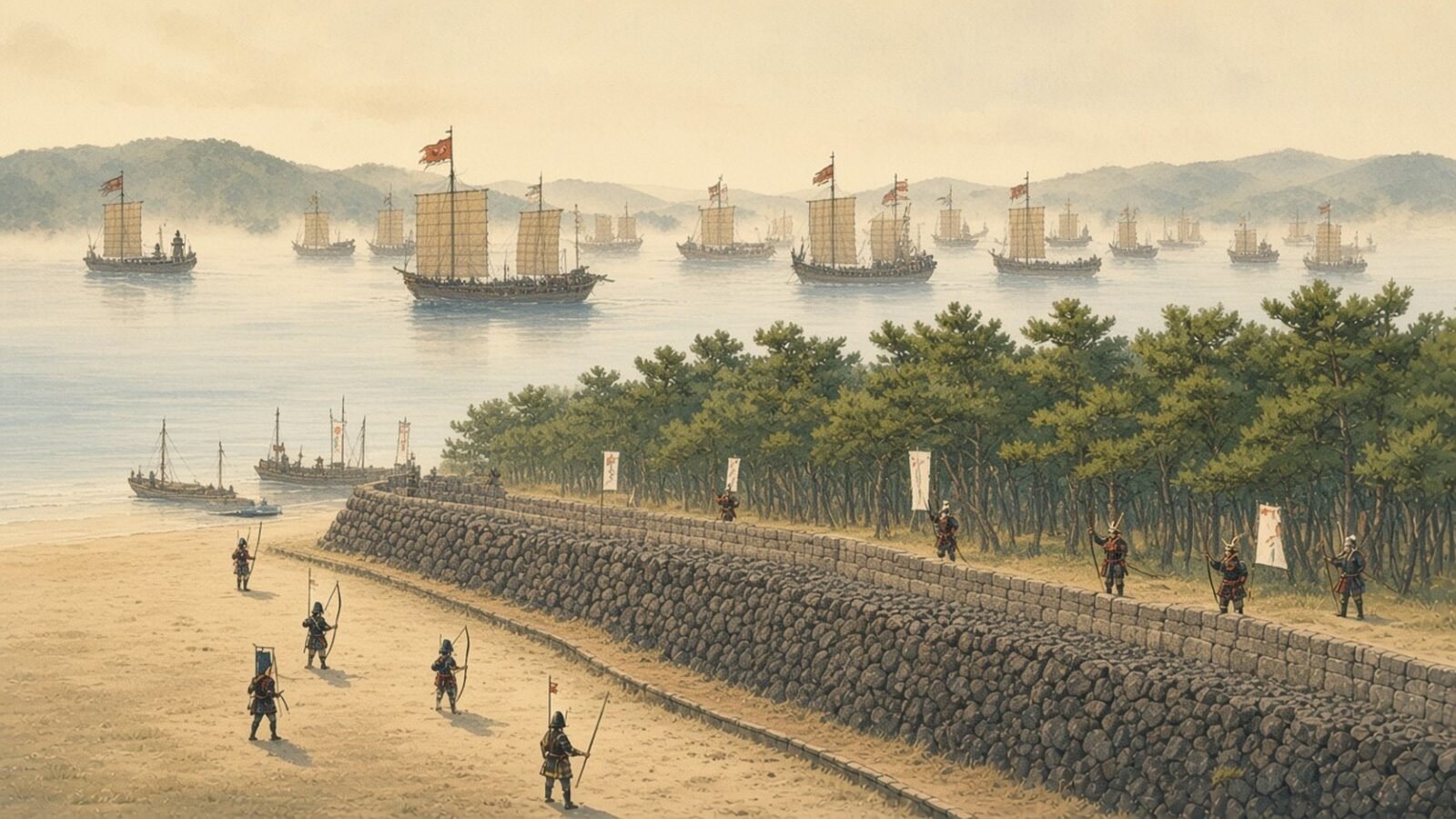 Painting of samurai on the stone defence wall at Hakata Bay as the Mongol fleet lies offshore in 1281