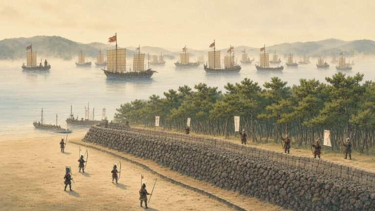 Painting of samurai on the stone defence wall at Hakata Bay as the Mongol fleet lies offshore in 1281
