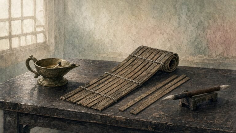 Painted illustration of a bundle of ancient bamboo slips bound with cord on a lacquered table, like the Han-dynasty copy of the Art of War found at Yinqueshan