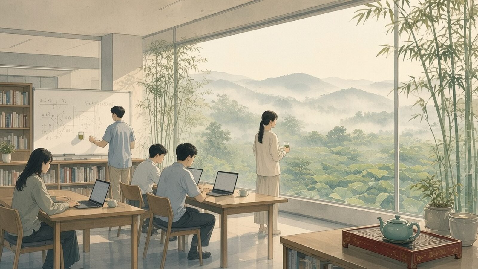 Painting of a small AI research team working in an office overlooking misty tea hills near Hangzhou