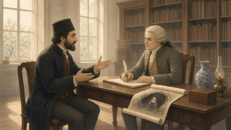 Painting of Hanna Diyab telling a story to Antoine Galland in a Paris study in 1709