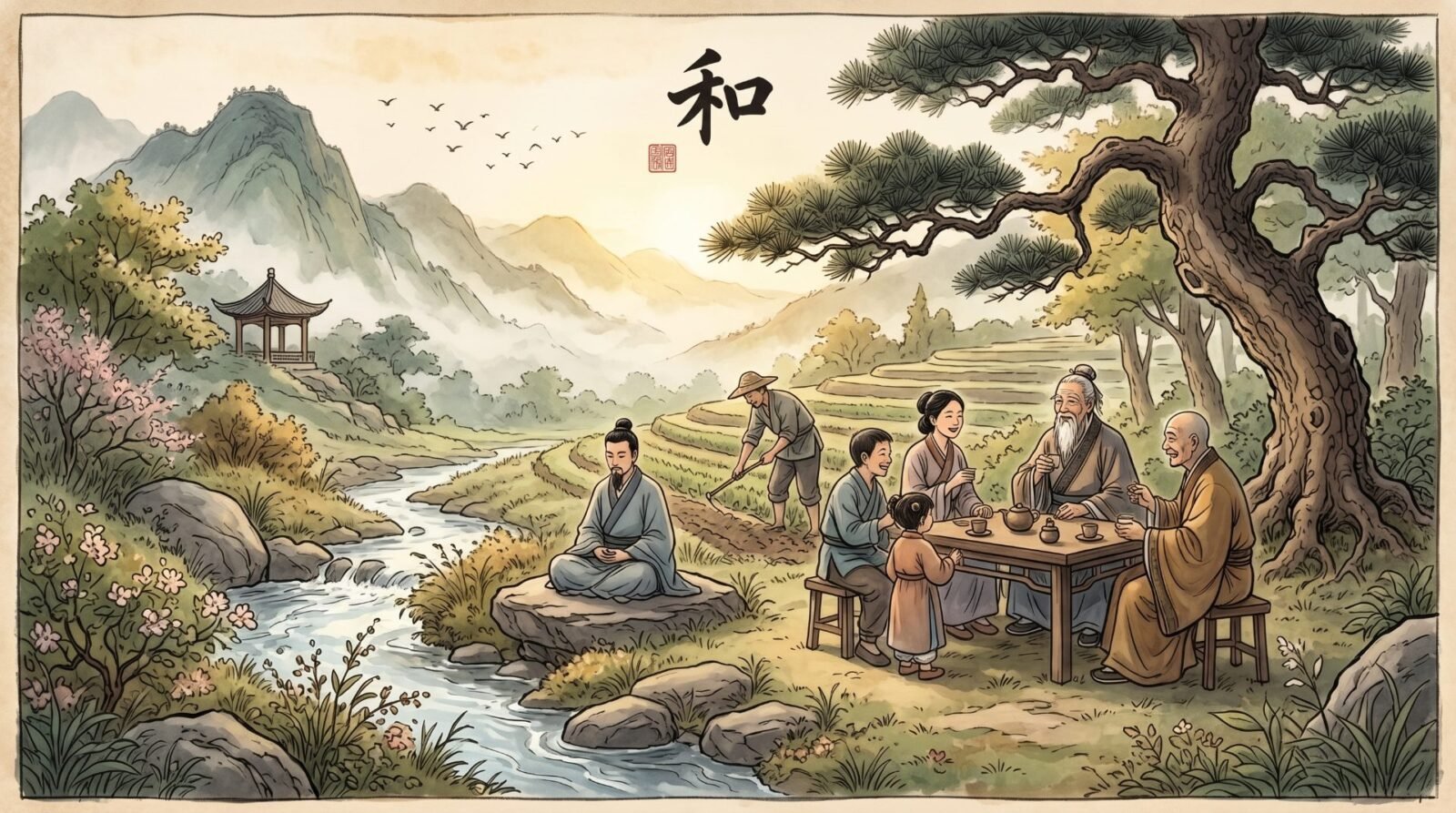 A painted Chinese landscape in cream, gold and indigo: a river winds between terraced fields and distant blue mountains, a pine tree spreads above a family gathered around a low table with a teapot, a farmer works the soil, and a figure sits in meditation on a river rock.