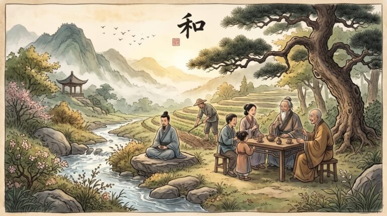A painted Chinese landscape in cream, gold and indigo: a river winds between terraced fields and distant blue mountains, a pine tree spreads above a family gathered around a low table with a teapot, a farmer works the soil, and a figure sits in meditation on a river rock.
