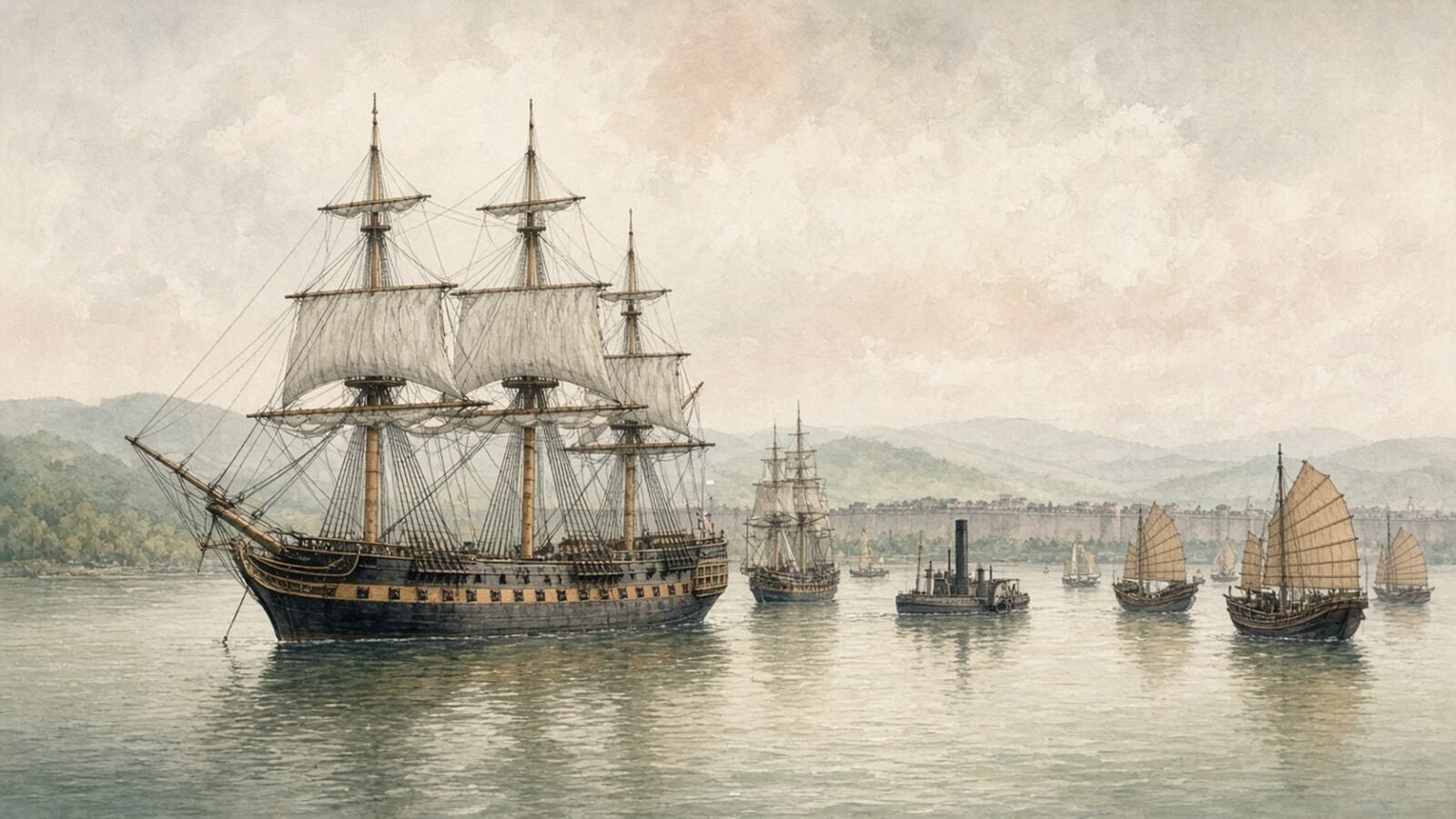 Painted illustration of the British ship of the line HMS Cornwallis at anchor on the Yangzi off Nanjing in 1842, with junks and the city wall along the shore