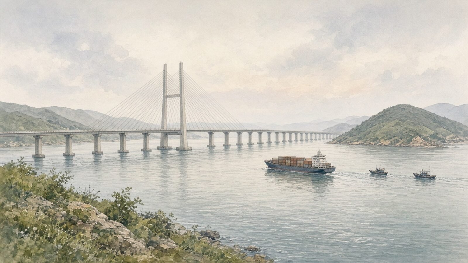 Painted illustration of the Hong Kong–Zhuhai–Macau Bridge stretching low across the Pearl River estuary in the morning haze