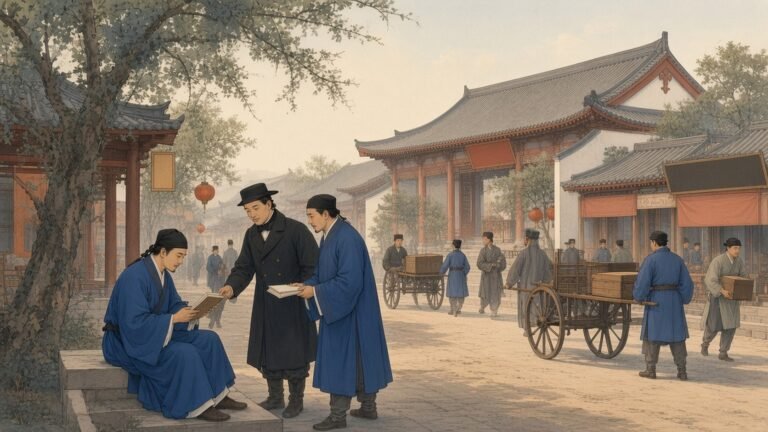 Painting of the young scholar Hong Xiuquan reading a Christian tract on a Canton street