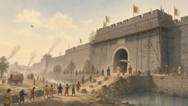 Painting of the Hongwu emperor inspecting labourers building the great brick city wall of Nanjing