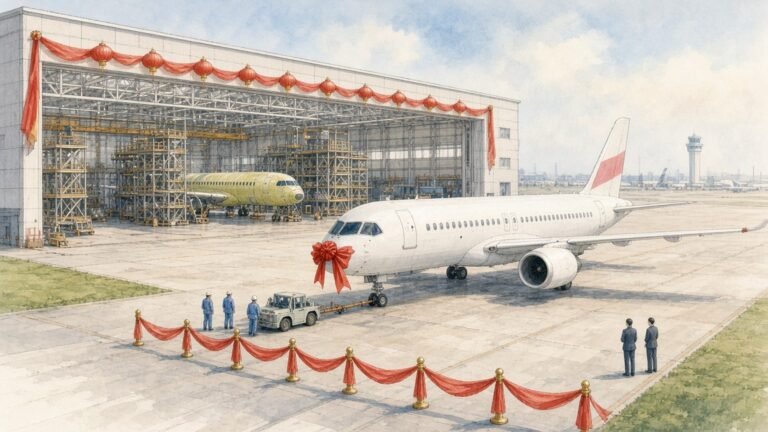 Hand-painted watercolour illustration of a white C919 narrow-body airliner standing on the apron outside COMAC’s final assembly hangar at Shanghai Pudong in pale morning haze, with a second airframe in yellow-green primer on work platforms inside the open hangar, small workers in overalls, and red silk ribbons and lanterns marking a delivery day