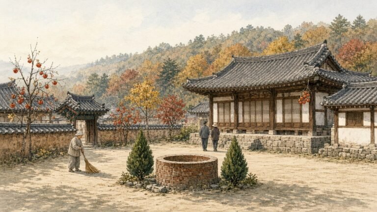 Hand-painted illustration of Lee Byung-chul's birthplace in Uiryeong, South Korea, a traditional tiled-roof hanok compound with a sandy courtyard, a round brick well and persimmon trees heavy with red fruit, set against a wooded hillside in pale autumn morning haze, with a few small visitors