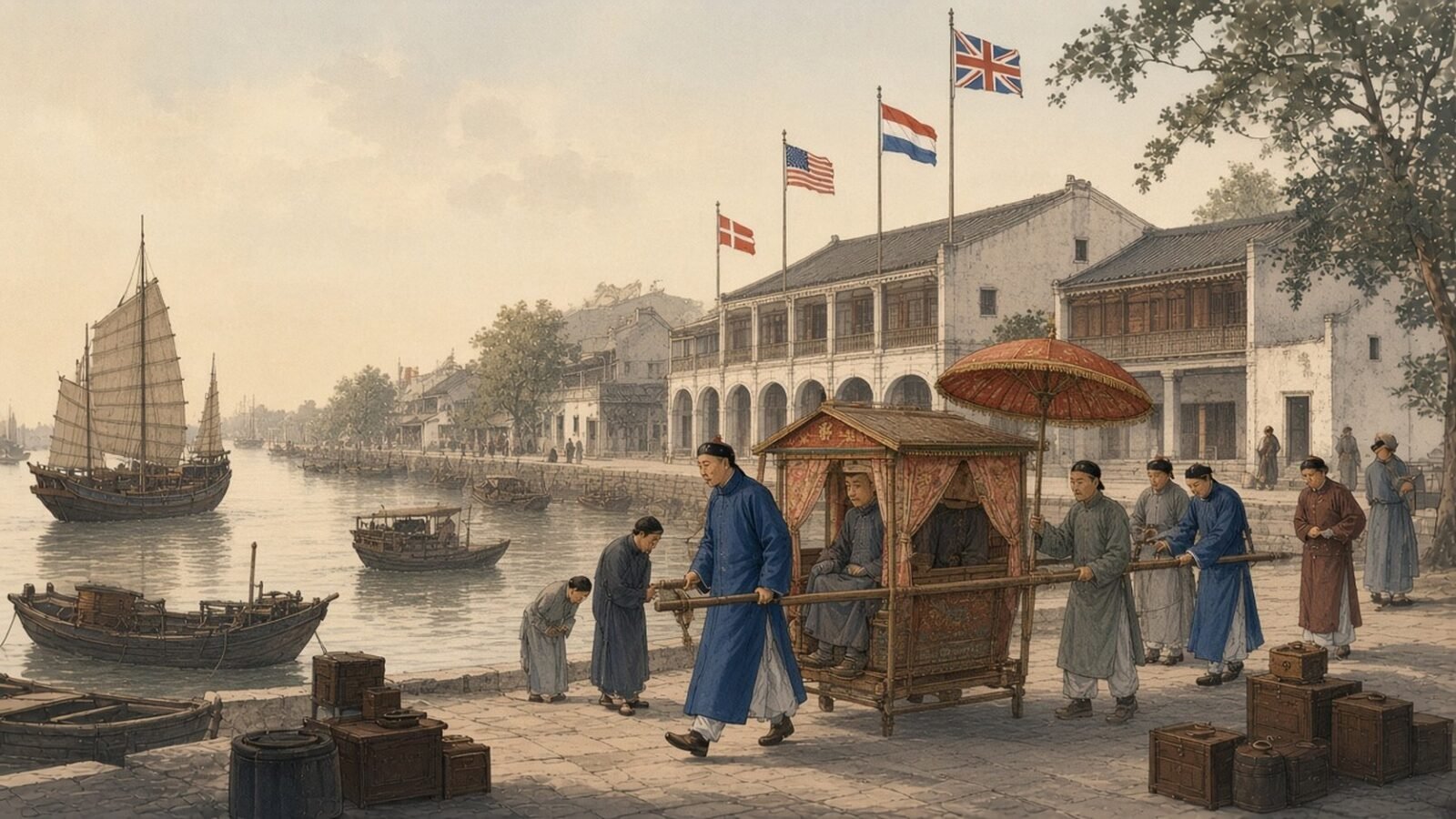 Painting of the Hong merchant Howqua carried in a sedan chair along the quay before the Thirteen Factories at Canton