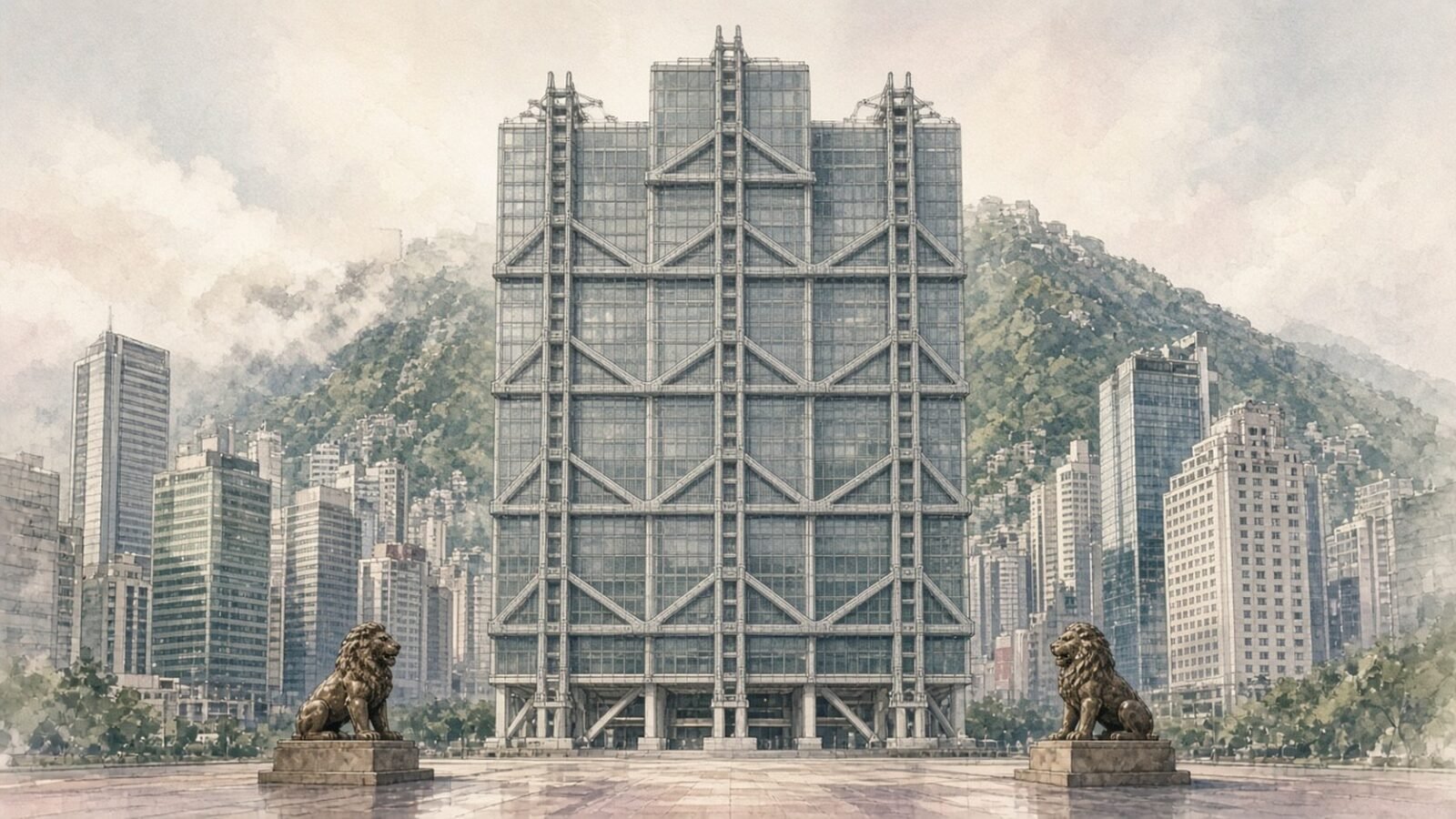 Painted illustration of the HSBC Main Building in Hong Kong, its exposed steel masts and suspension trusses rising above an open plaza