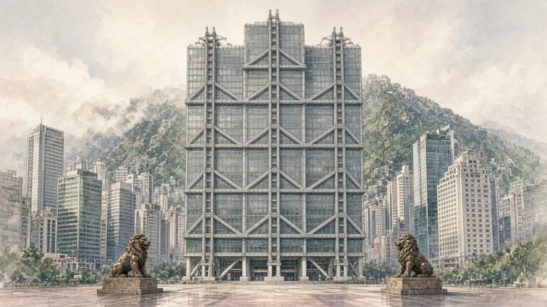 Painted illustration of the HSBC Main Building in Hong Kong, its exposed steel masts and suspension trusses rising above an open plaza
