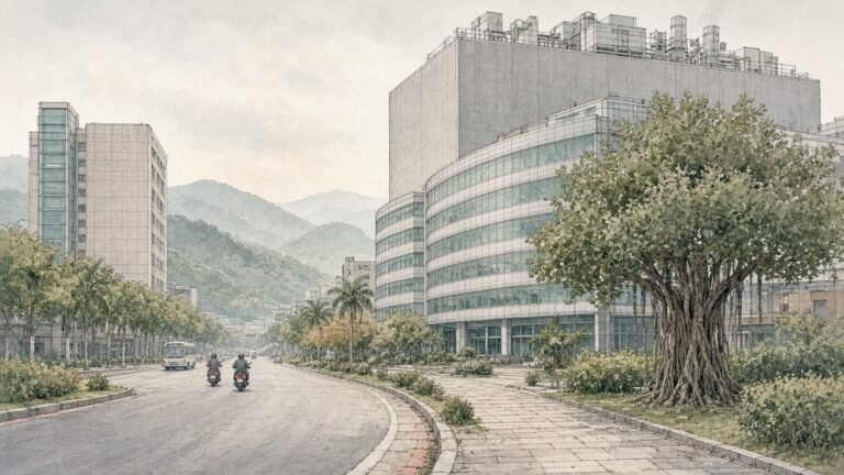 Painted illustration of a semiconductor fab building with a curved glass facade on a tree-lined street in Hsinchu Science Park