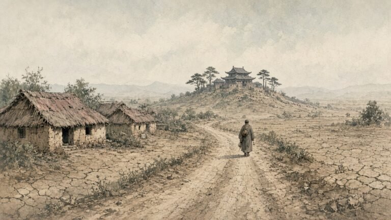Painted illustration of a drought-stricken Huai river village in the 1340s with a small monastery on a hill and a lone monk on the road