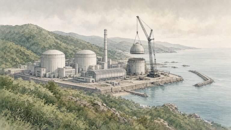 Painted illustration of a coastal nuclear power station with two domed reactor buildings and a third under construction as a crane lifts its dome