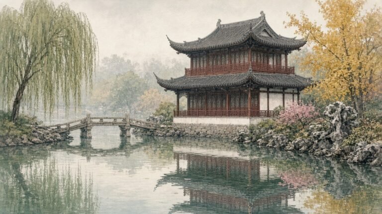 Painted illustration of a two-storey hall reflected in a still pond among willows and rockeries in the Humble Administrator's Garden, Suzhou