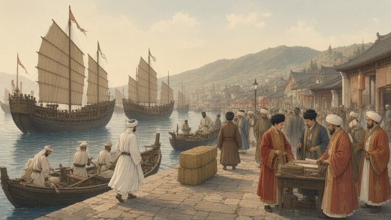 Painting of Ibn Battuta stepping ashore among junks and merchants at the Yuan port of Zaitun in 1346