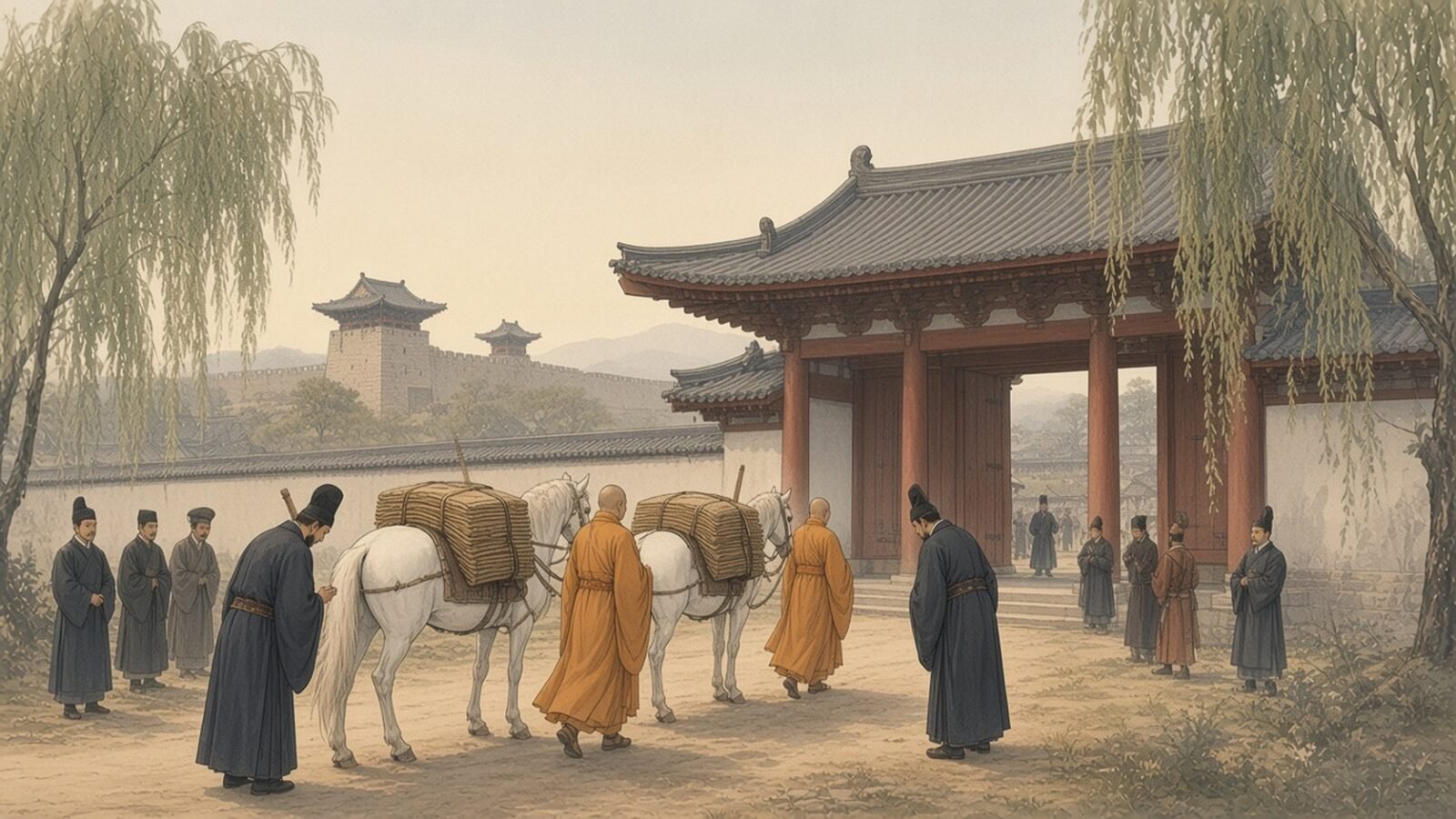 Painting of two Indian monks leading white horses laden with sutras to a Han temple gate at Luoyang