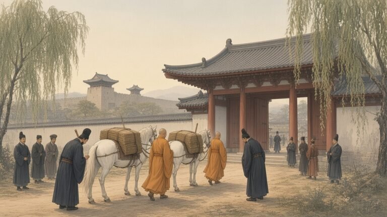 Painting of two Indian monks leading white horses laden with sutras to a Han temple gate at Luoyang