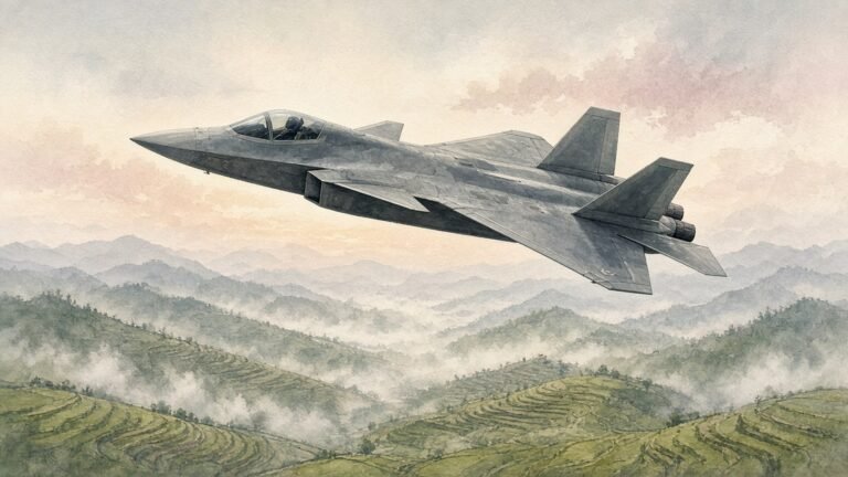 Painted illustration of a grey J-20 stealth fighter flying over misty green hills in Sichuan at dawn