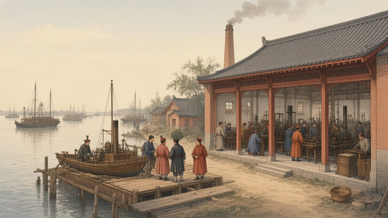 Painting of Qing officials inspecting machine workshops and a steam gunboat at the Jiangnan Arsenal in Shanghai