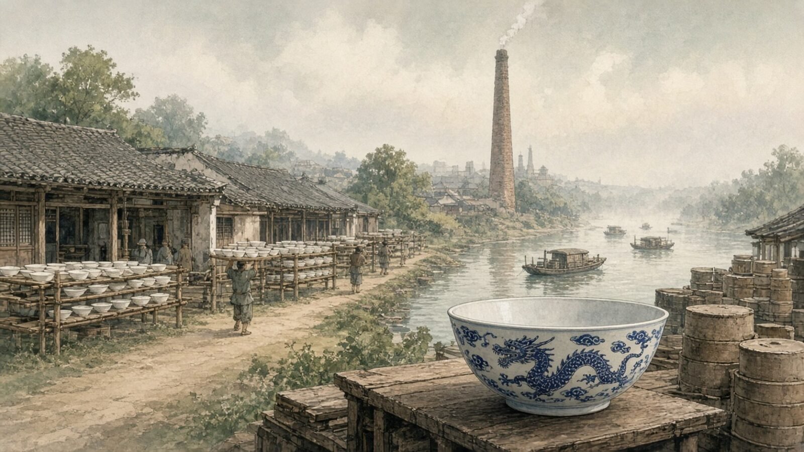 Painted illustration of Ming-era Jingdezhen, with racks of drying porcelain, saggars and a kiln chimney beside the river and a blue-and-white bowl in front