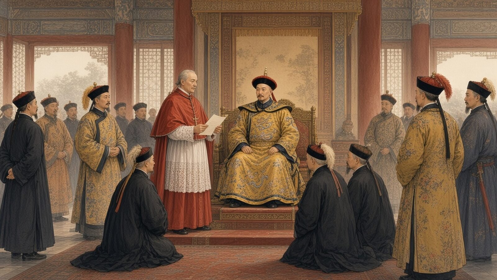 Painting of the Kangxi Emperor on his throne receiving a papal legate in scarlet and kneeling Jesuits