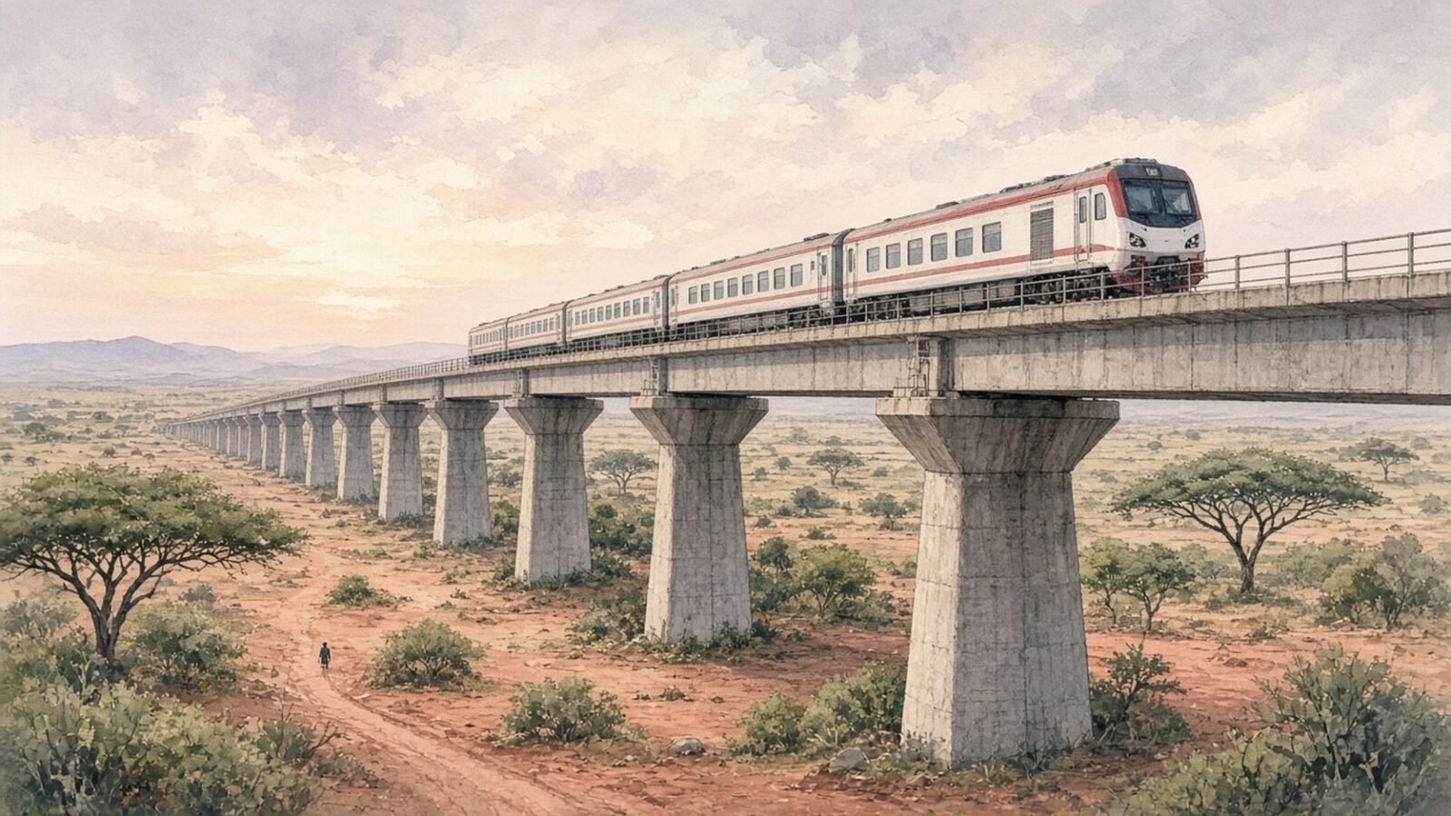 Painted illustration of a white and red passenger train crossing a concrete viaduct over the red-earth savanna on Kenya's standard gauge railway