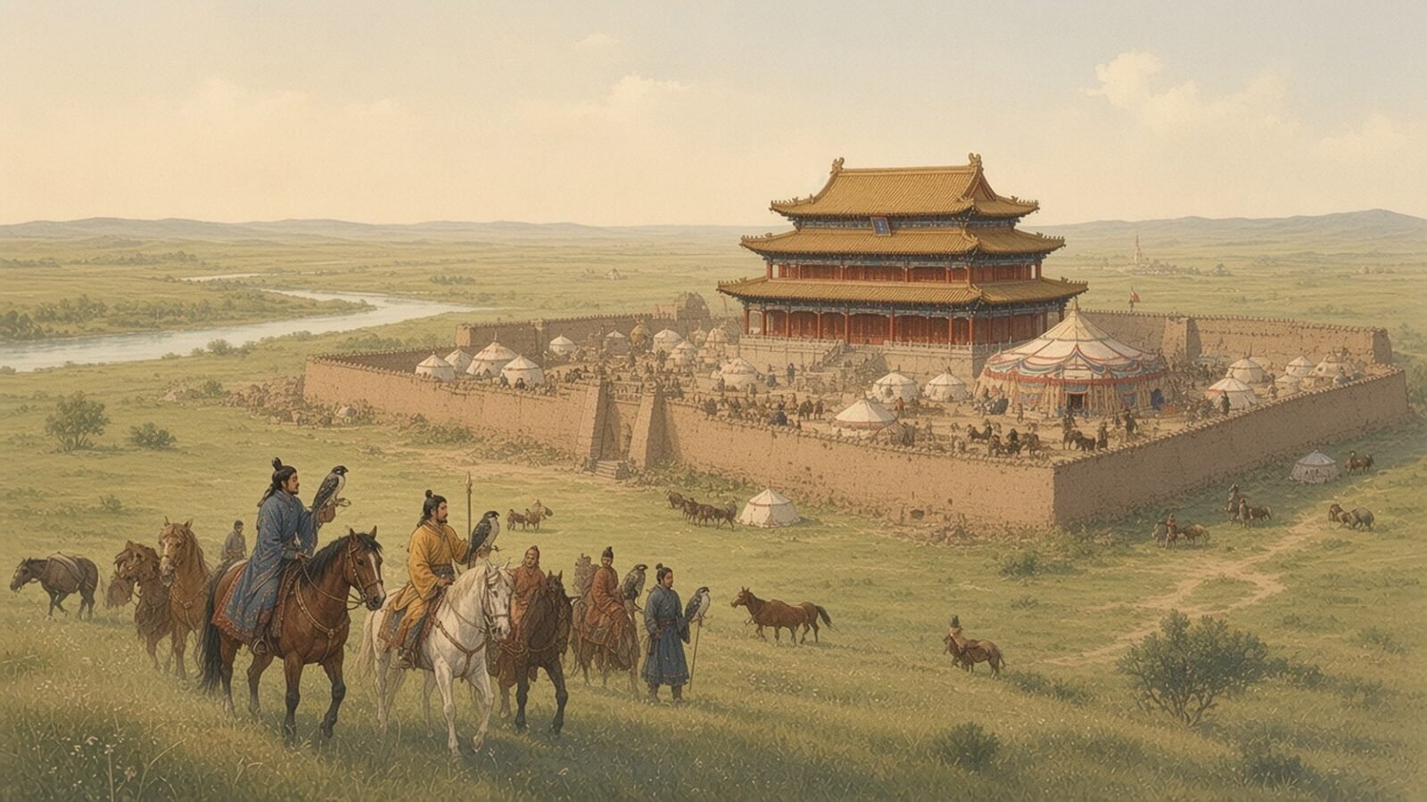 Painting of Khubilai Khan riding out with falconers from the walled summer capital of Shangdu