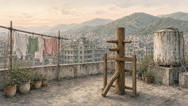 Painted illustration of a wooden Wing Chun training dummy on a Kowloon tenement rooftop at dawn in the 1960s