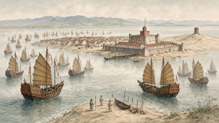 Hand-painted watercolour illustration of Koxinga’s fleet of Chinese war junks with red silk streamers and gilded sterns emerging from pale morning mist off the Dutch Fort Zeelandia and the red-roofed town of Tayouan on their sandbar in 1661, with the dune redoubt on the right, the hazy mountains of Taiwan beyond, and small figures watching from a sandbank in the foreground