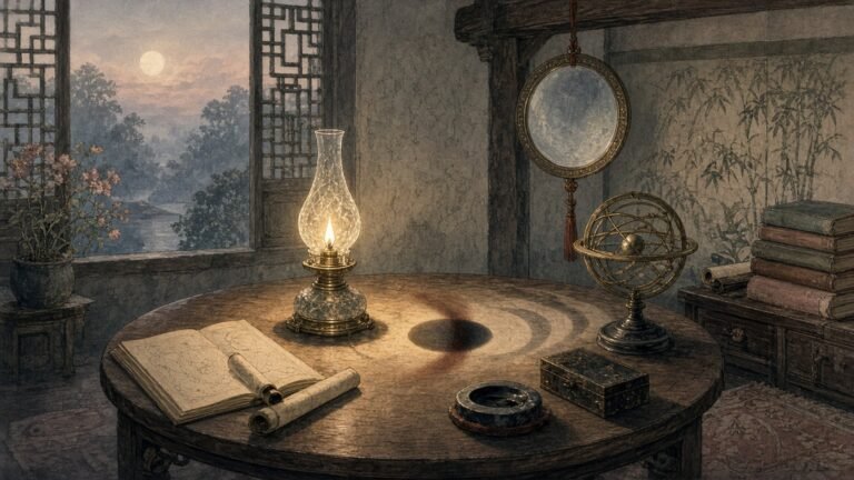 Painted illustration of an eighteenth-century study where a lamp, a round table and a hanging mirror model a lunar eclipse, with scrolls and an armillary sphere nearby