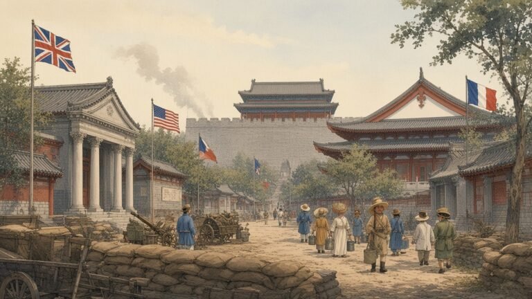 Painting of a sandbag barricade on Legation Street during the siege of the Beijing legations in 1900