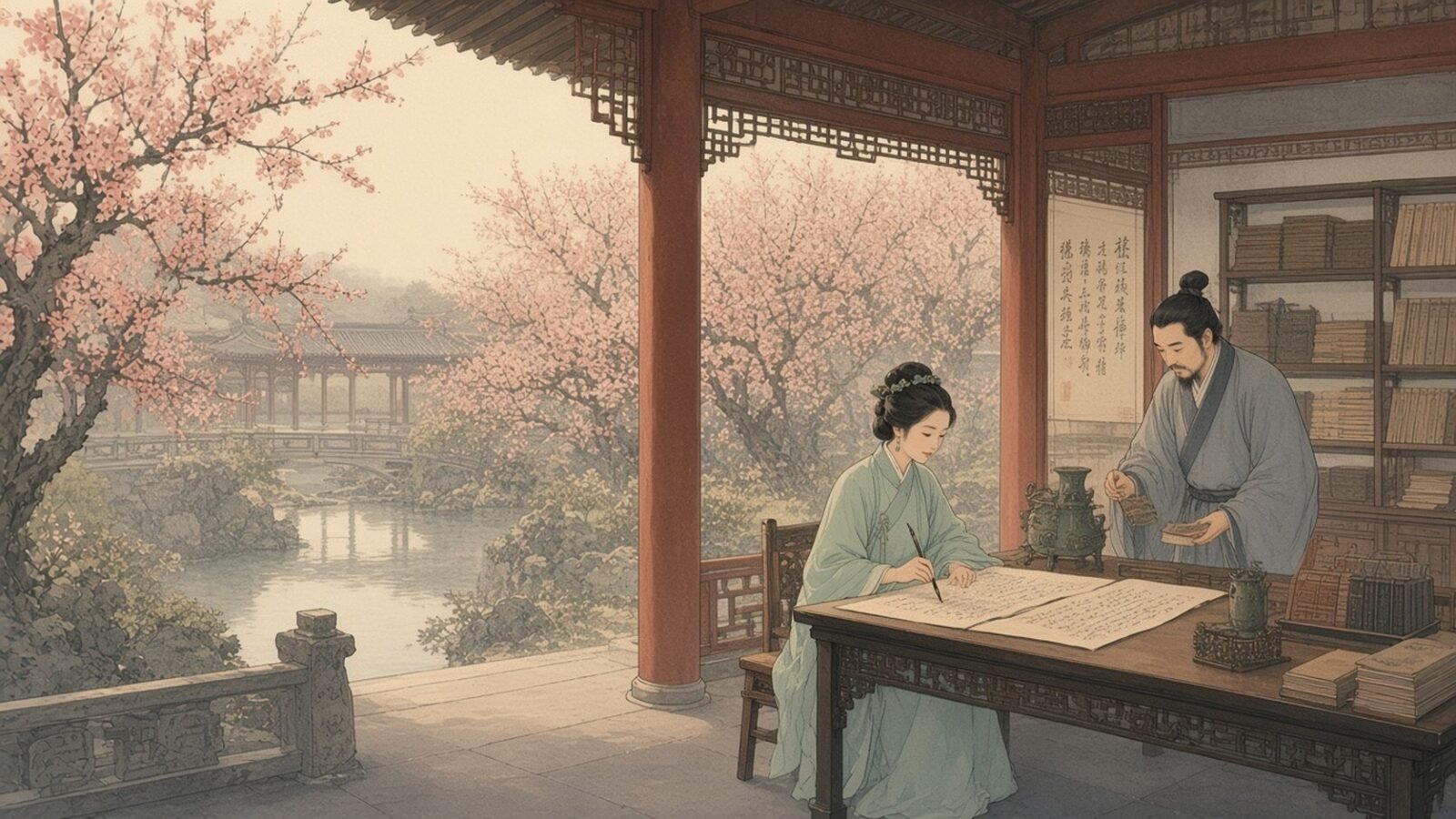 Painting of Li Qingzhao writing at her desk in a garden pavilion while Zhao Mingcheng studies an ancient bronze