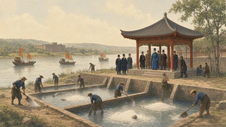 Painting of labourers dissolving opium in seawater pools at Humen as Lin Zexu watches from a pavilion in 1839