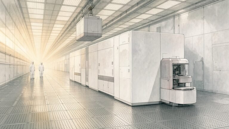 Painted illustration of a large white lithography machine in the yellow light of a cleanroom with technicians in bunny suits