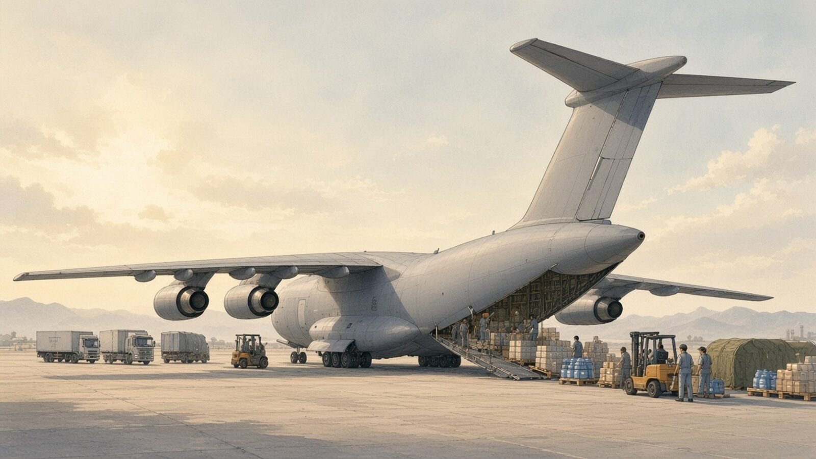 Painting of ground crew loading relief supplies into a grey Y-20 transport aircraft on an airfield