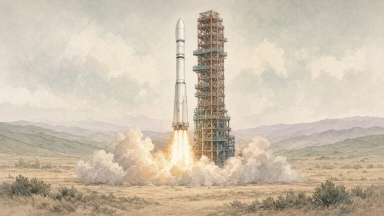 Painted illustration of a slim white Long March 2D rocket lifting off beside its orange launch tower in the Gobi Desert